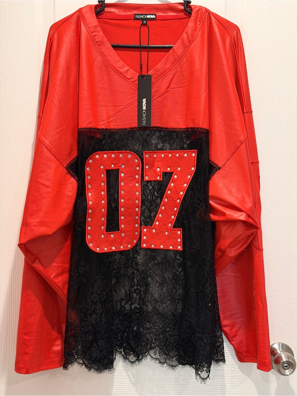 NWT Fashion Nova 3X Red Black Rhinestone Lace Jersey Top Oversized Glam Rockstar